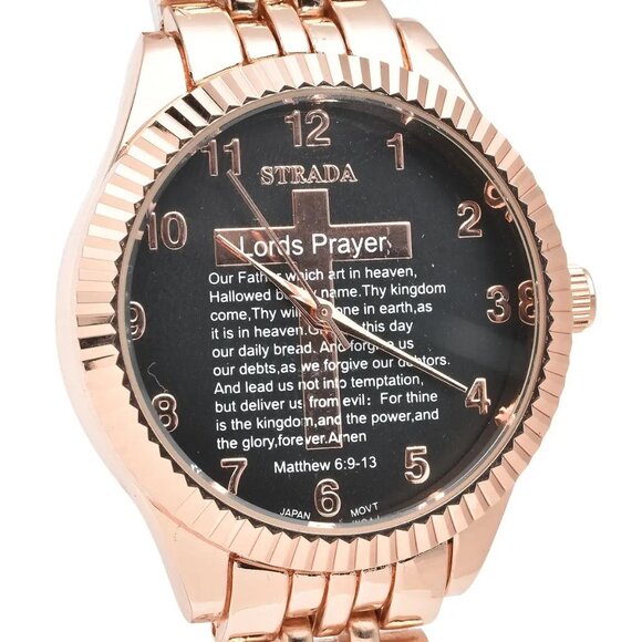 Strada Japanese Movement Cross Lords Prayer Pattern Dial Watch in Rosetone Strap - Picture 4 of 7